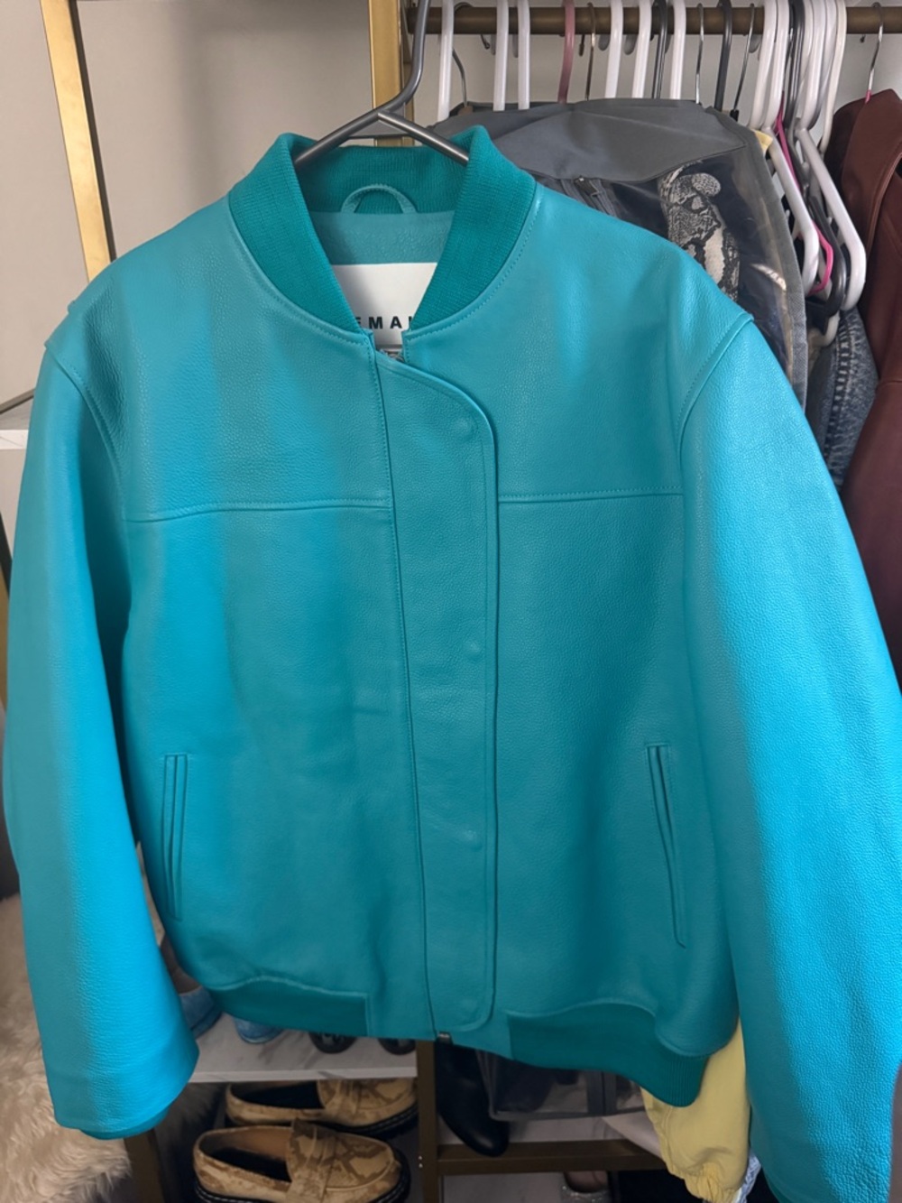 REMAIN Turquoise Leather Bomber Jacket